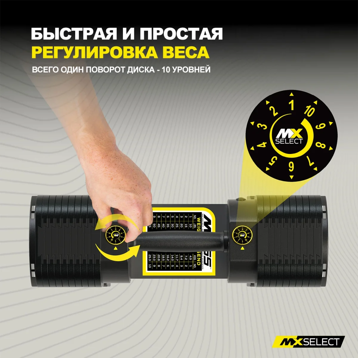 Гантель регулируемая MX Select MX55 EVO, эргономичная прорезиненная рукоять, вес 4.9-25.3 кг, 1 шт