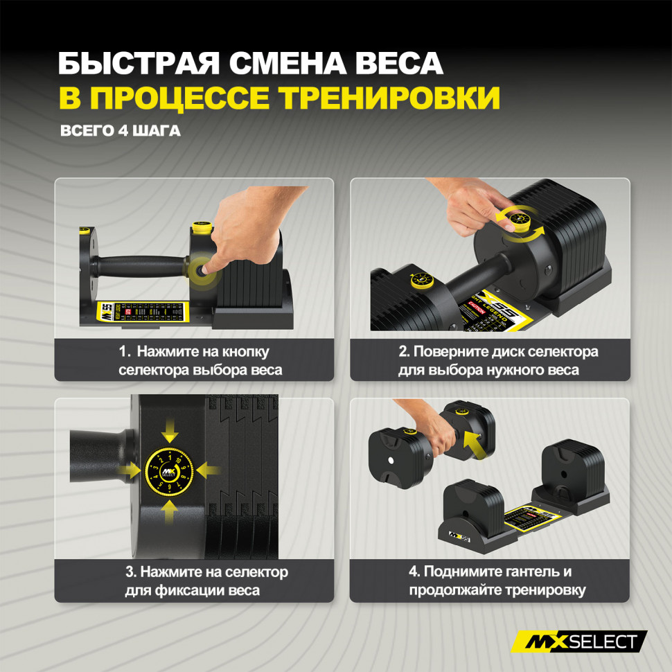 Гантели регулируемые MX Select MX55 EVO, эргономичная прорезиненная рукоять, вес 4.9-25.3 кг, 2 шт