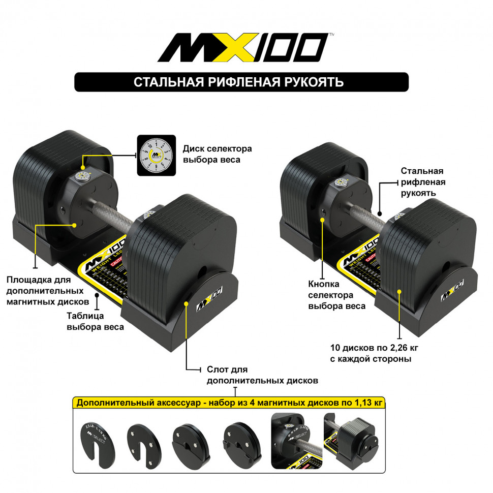 Гантели регулируемые MX Select MX100 EVO, рифленая стальная рукоять, вес 5.9-45.4 кг, 2 шт